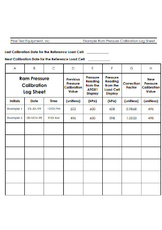 Equipment Calibration Log Sheet