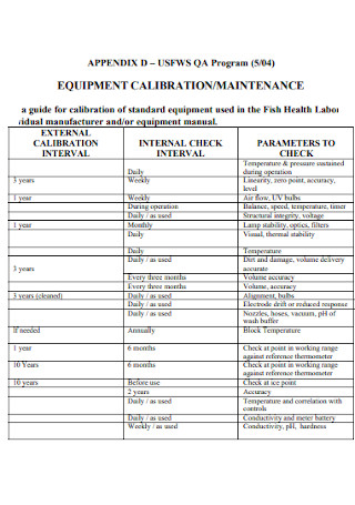 Equipment Calibration Maitenance Log