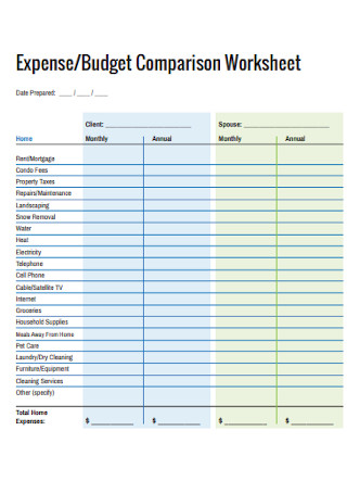 Expense and Budget Comparison Worksheet
