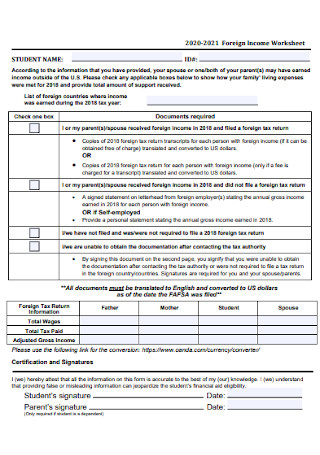 Foreign Income Worksheet