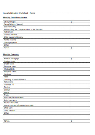 Household Income Budget Worksheet