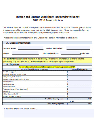 Independent Student Income and Expense Worksheet