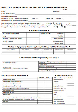 Industry Income and Expense Worksheet