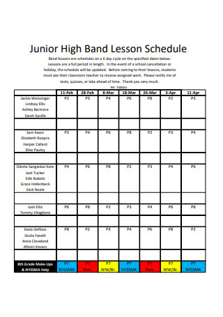 Junior High Band Lesson Schedule