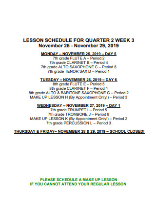 Lesson Schedule For Quarter Week