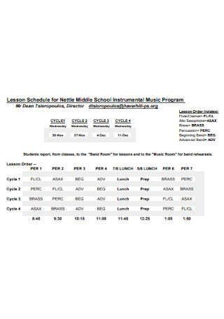 Lesson Schedule for Middle School Instrumental Music Program