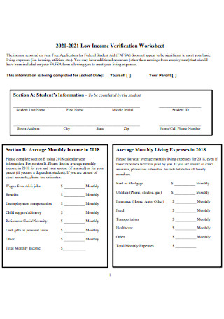 Low Income Verification Worksheet
