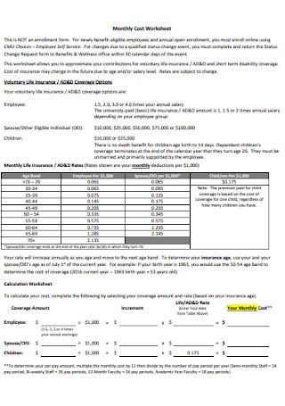 Monthly Cost Worksheet