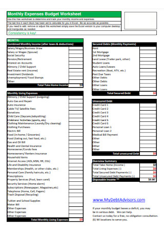 Monthly Expenses Budget Worksheet