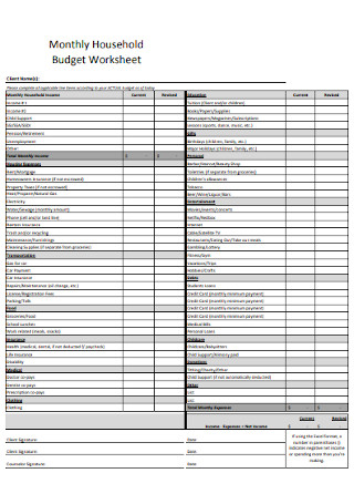 Monthly Household Budget Worksheet Template
