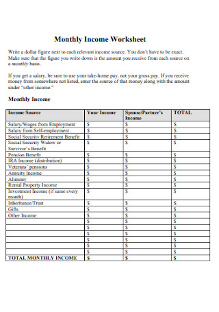 Monthly Income Worksheet 