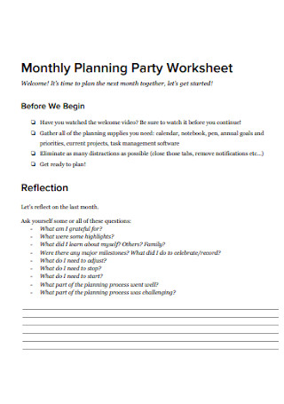 Monthly Planning Party Worksheet