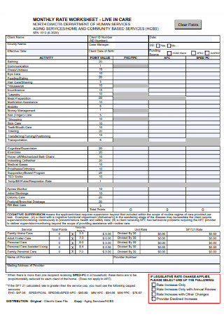 Monthly Rate Worksheet