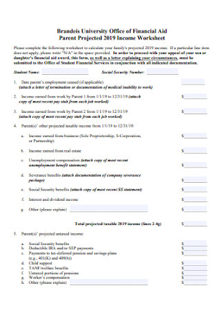 Parent Projected Income Worksheet