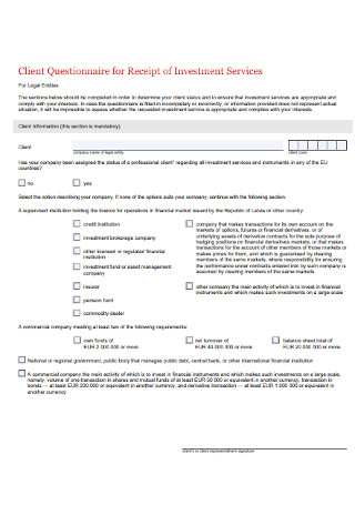 Questionnaire for Receipt of Investment