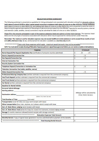 Relocation Expense Worksheet