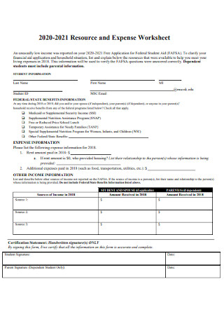 Resource and Expense Worksheet