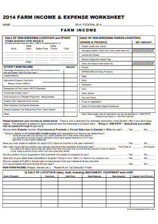 Sample Farm Income and Expense Worksheet