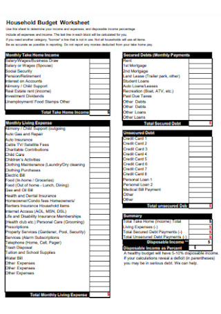 Sample Household Budget Worksheet