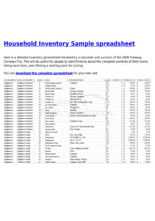 Sample Household Inventory Spreadsheet