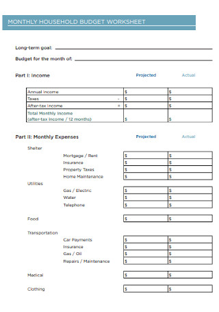 Sample Monthly Household Budget Worksheet