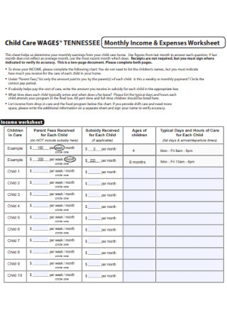 Sample Monthly Income Worksheet