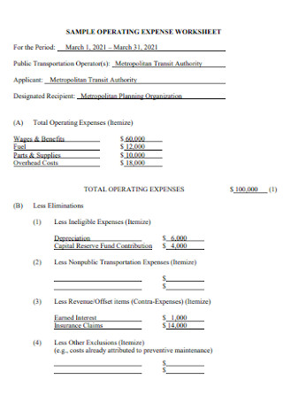 Sample Operating Expense Worksheet