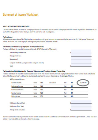 Statement of Income Worksheet