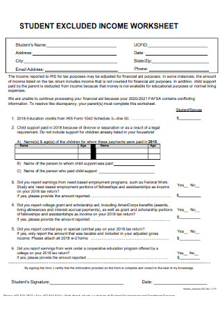 Student Excluded Income Worksheet