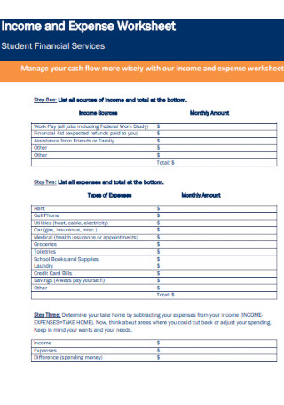 Student Income and Expense Worksheet 