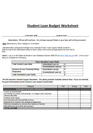 Student Loan Budget Worksheet Template