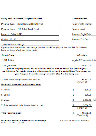 Study Abroad Student Budget Worksheet