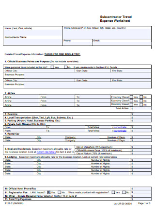 Subcontractor Travel Expense Worksheet