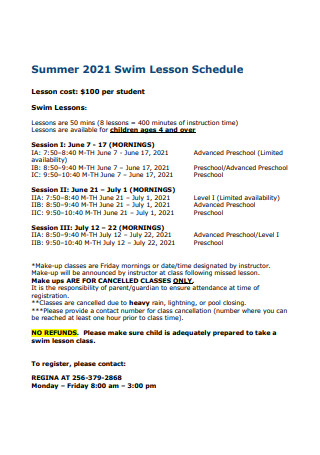 Summer Swim Lesson Schedule
