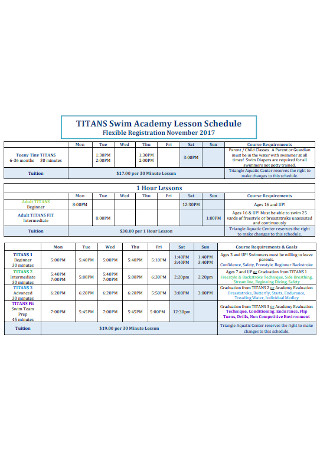 Swim Academy Lesson Schedule