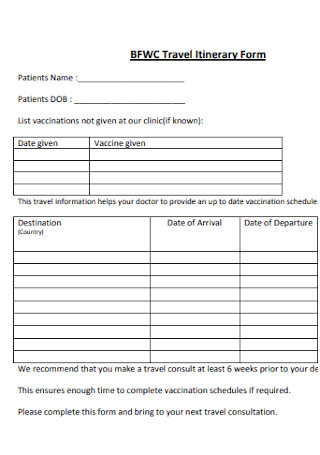 Travel Itinerary Form Format