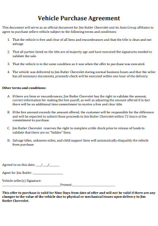 Vehicle Purchase Agreement Format
