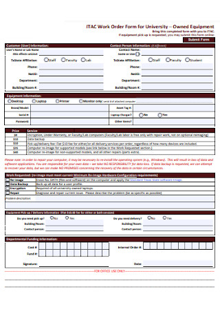 Work Order Form for University
