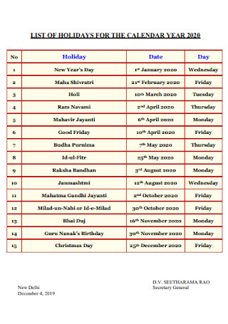 Year Holiday List Calendar