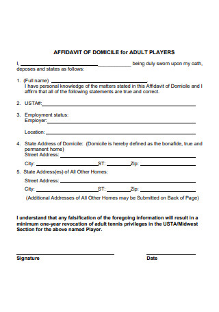 Affidavit of Domicile For Adult Players