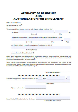 Affidavit of Residence and Authorization For Enrollment