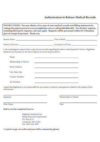 Authorization to Release Medical Records Form