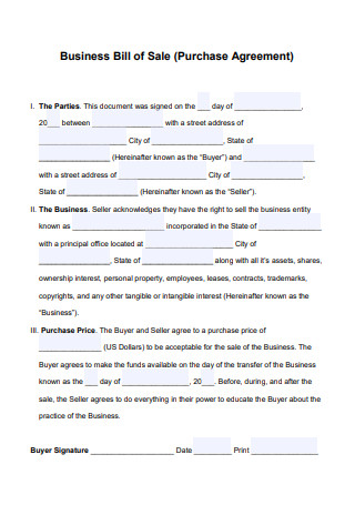 Business Bill of Sale Purchase Agreement
