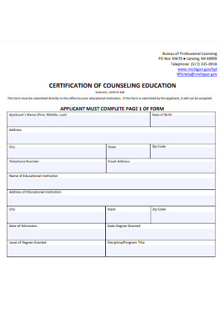 Certification of Counseling Education Form