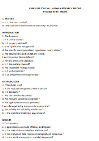 Checklist for Evaluating Research Report