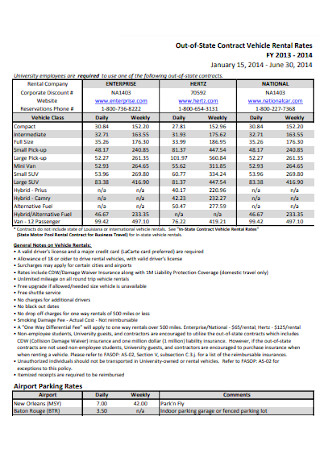 Contract for Vehicle Rental Rates