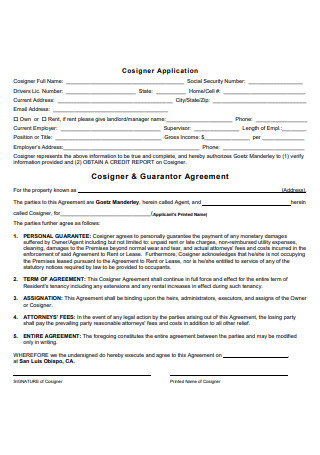 Cosigner and Guarantor Agreement