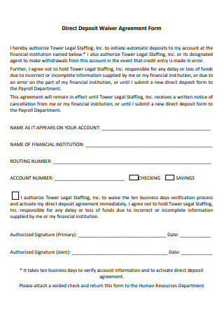 Direct Deposit Waiver Agreement Form