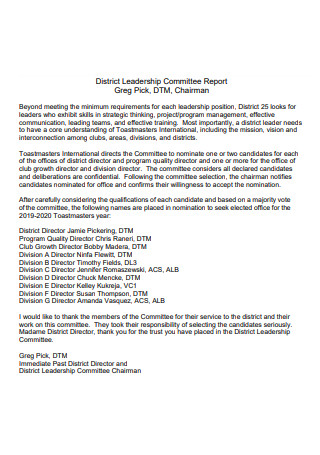 District Leadership Committee Report