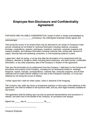 Employee Non Disclosure and Confidentiality Agreement